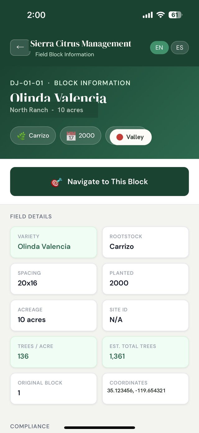 AgCommand field block information screen showing variety, rootstock, spacing, and tree counts